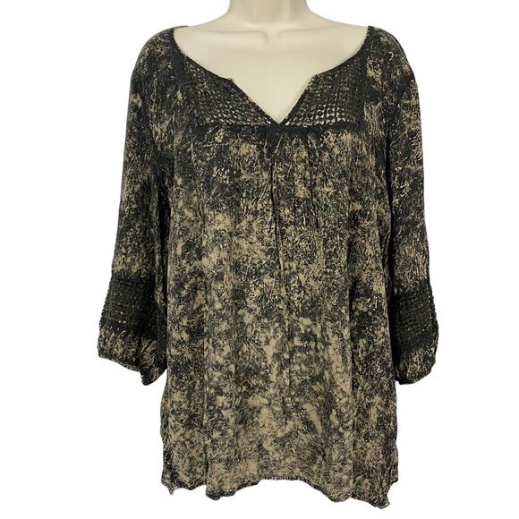 One World Blouse Womens 2X Black Beige Boho Crochet Trim Fairy Grunge Neutral - Picture 1 of 15
